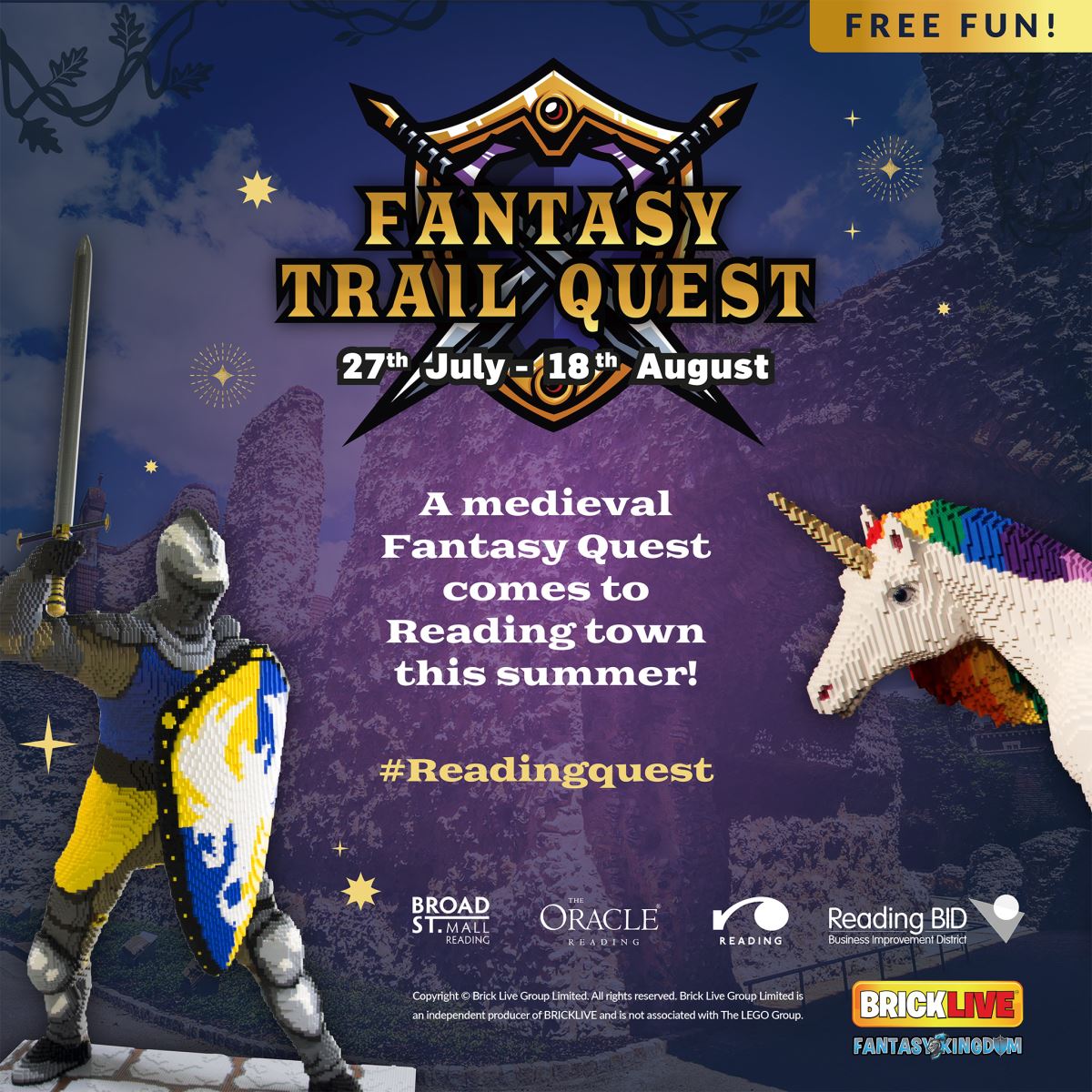 Fantasy Trail Quest graphic showing a knight and unicorn made of toy bricks